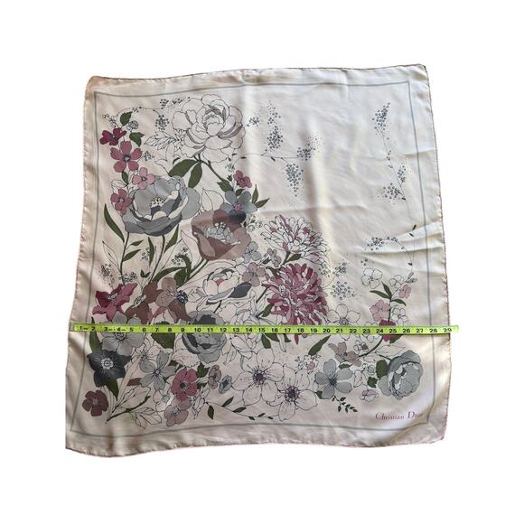 Vintage Christian Dior Silk Scarf Floral Print 27” Pink Gray Green Botanical - Picture 6 of 6